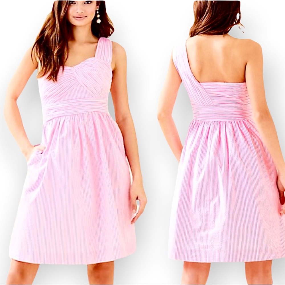 🎀HP🎀 Lilly Pulitzer ADDISON SEERSUCKER one shoulder pink white DRESS 8 NWT